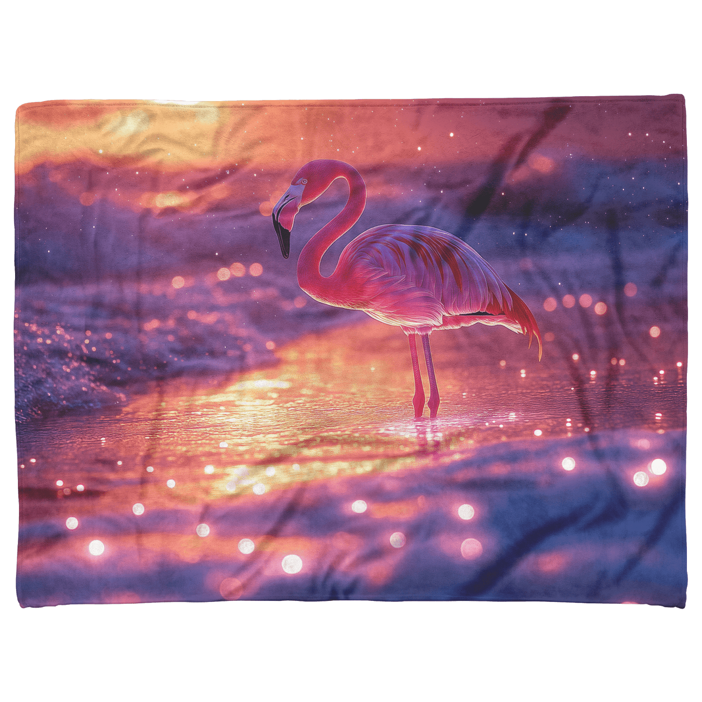 Flamingo Standing on Glowing Beach Surrounded by Bioluminescent Waves Under Starry Night Sky Fleece Sherpa Blanket - Awakening Righteousness