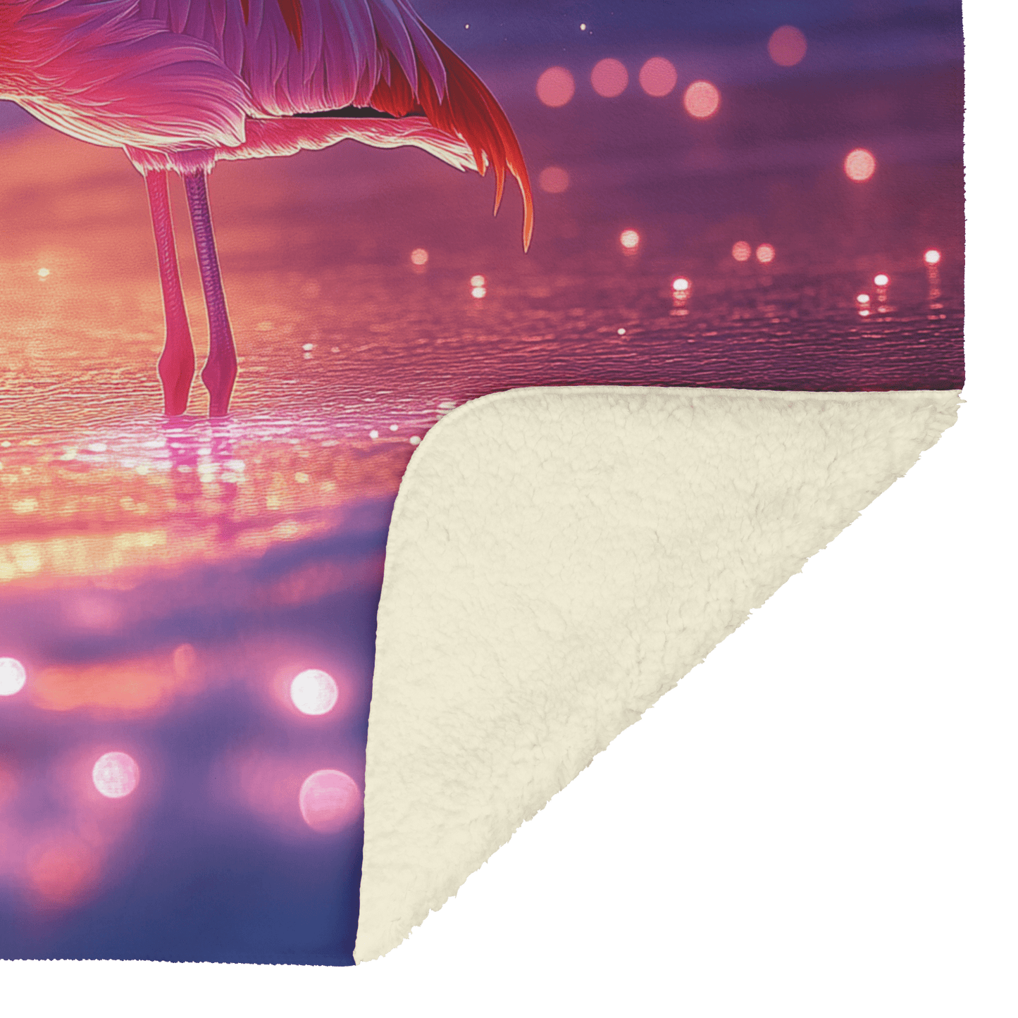 Flamingo Standing on Glowing Beach Surrounded by Bioluminescent Waves Under Starry Night Sky Fleece Sherpa Blanket - Awakening Righteousness