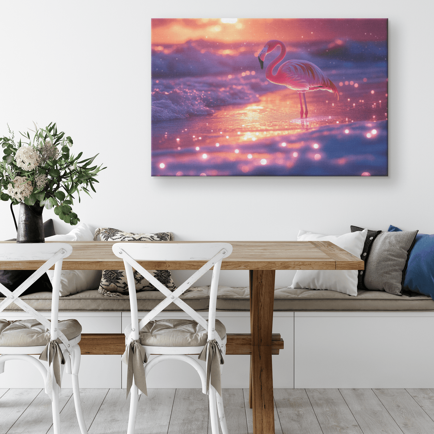 Flamingo Standing On Glowing Beach With Bioluminescent Waves Under Starry Night Sky Canvas Wall Art Decor - Awakening Righteousness