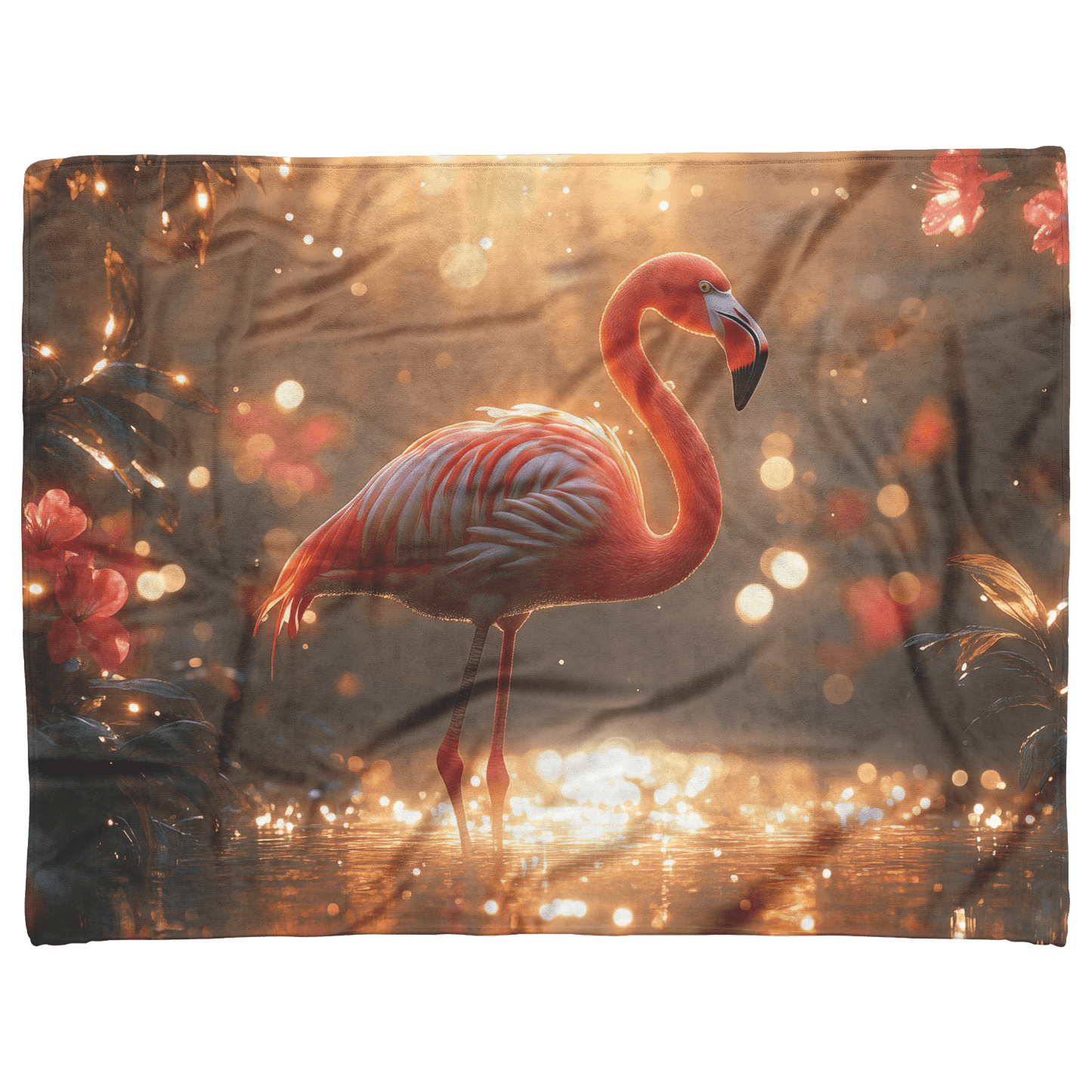 Flamingo Surrounded by Glowing Flowers and Fireflies in Magical Meadow Under Soft Golden Moonlight Fleece Sherpa Blanket - Awakening Righteousness
