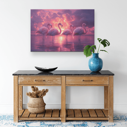 Flamingos Standing In Glowing Pink And Purple Lagoon With Vibrant Reflections Under Twilight Sky Canvas Wall Art Decor - Awakening Righteousness