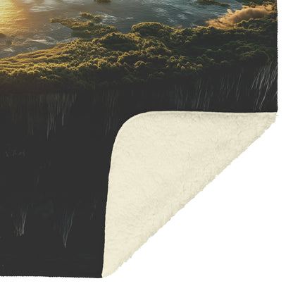 Flat Earth Fleece Sherpa Blanket Surreal Landscape with Floating World and Glowing Sunrise - Awakening Righteousness