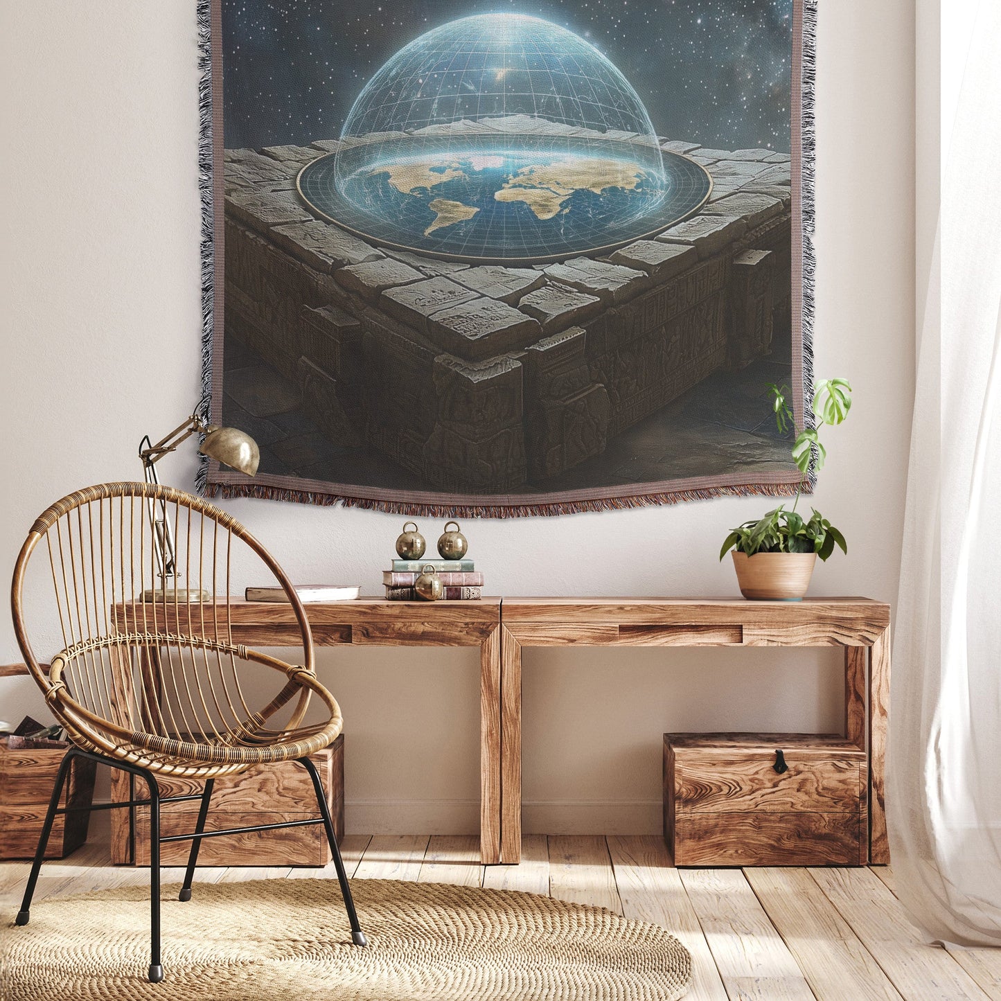 Flat Earth with Firmament on Carved Stone Bricks and Starry Cosmos Woven Throw Blanket - Awakening Righteousness