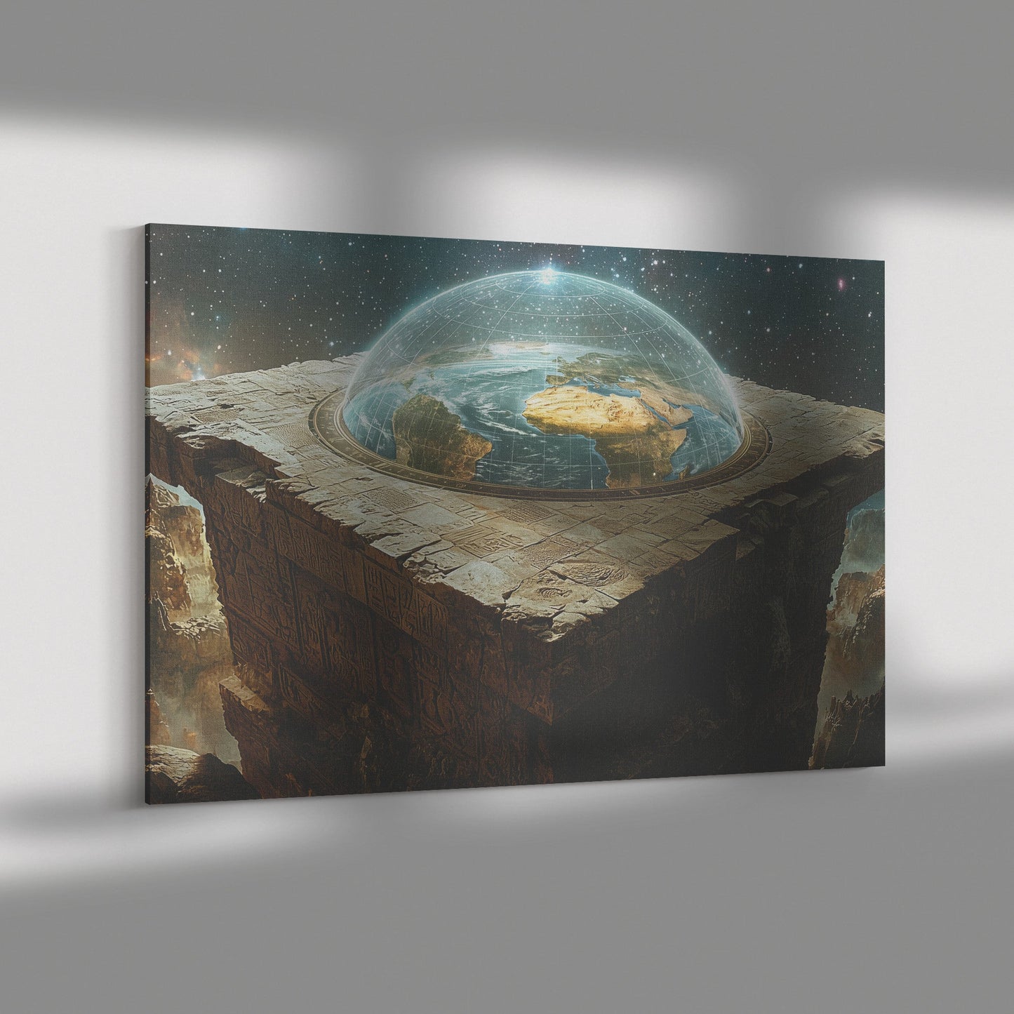 Flat Earth with Firmament on Hieroglyphic Stone Bricks Starry Cosmos Wall Art - Awakening Righteousness