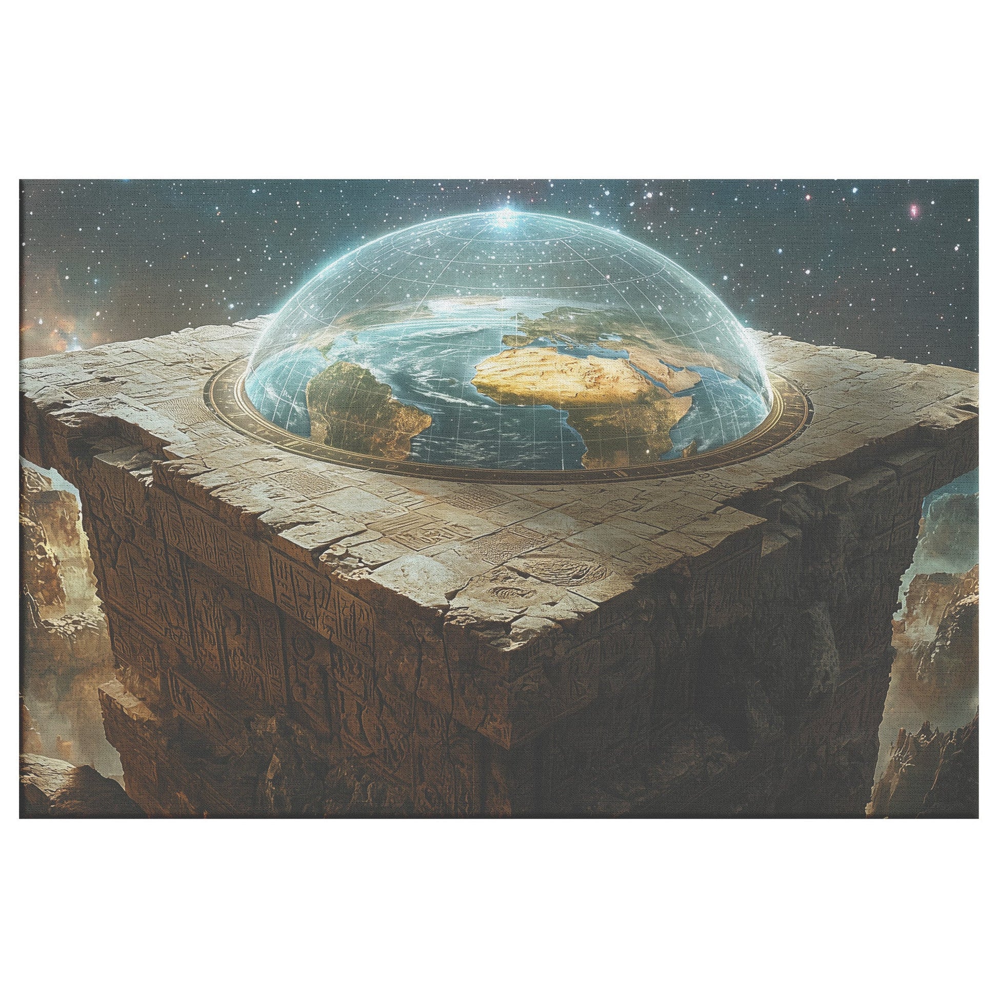 Flat Earth with Firmament on Hieroglyphic Stone Bricks Starry Cosmos Wall Art - Awakening Righteousness