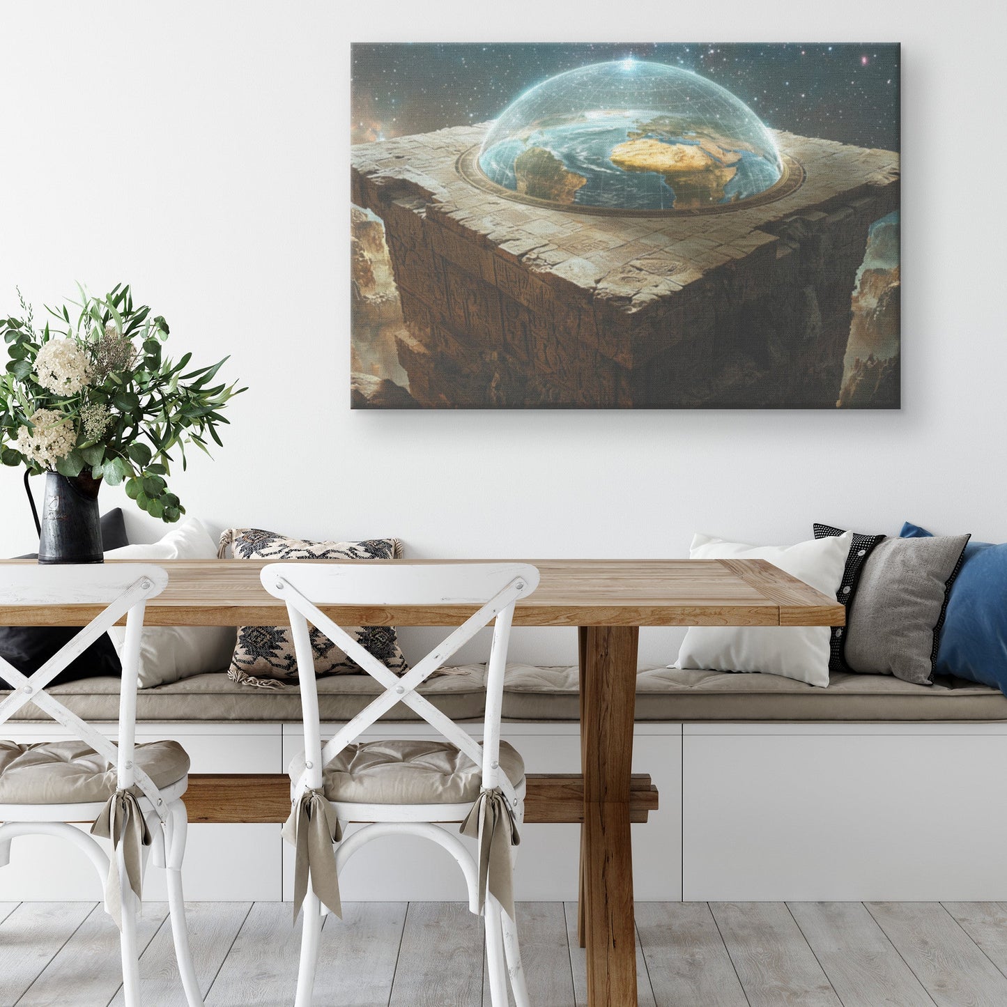 Flat Earth with Firmament on Hieroglyphic Stone Bricks Starry Cosmos Wall Art - Awakening Righteousness