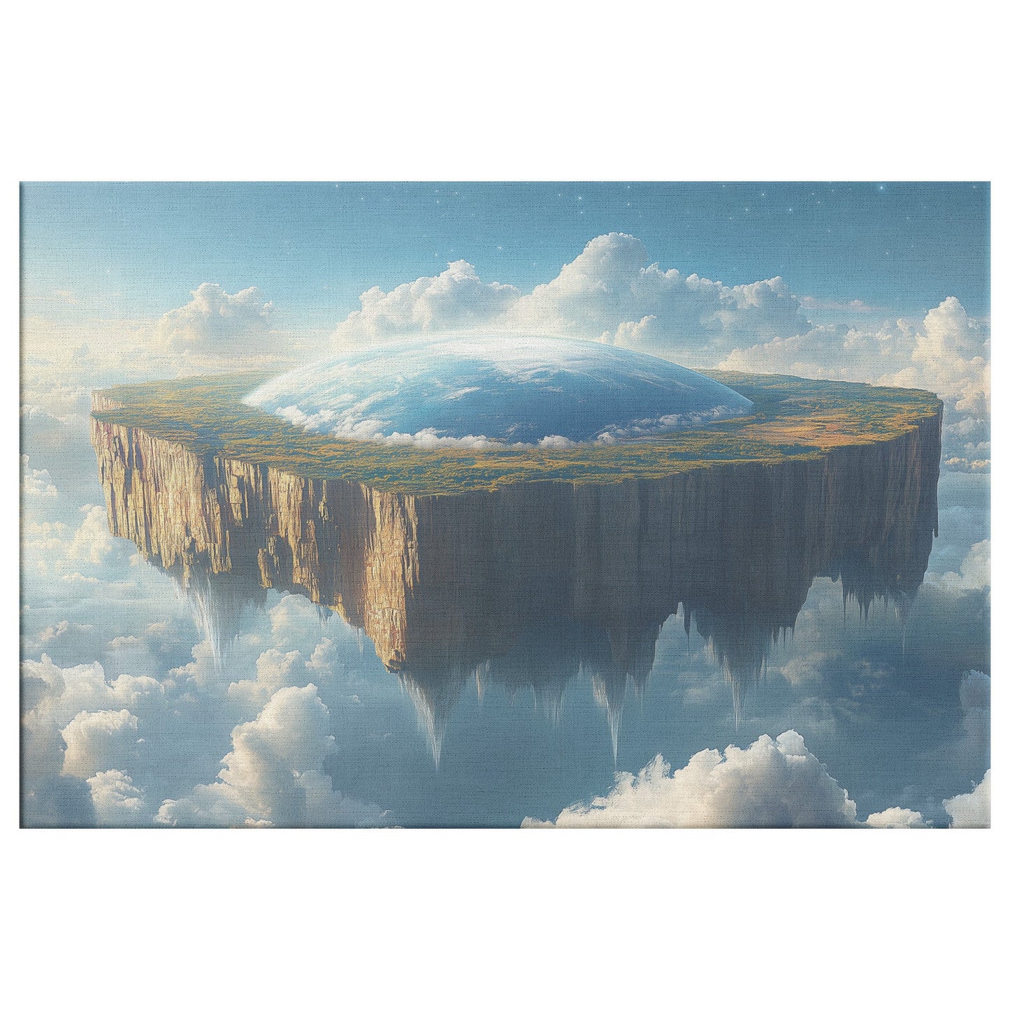 Flat Earth with Firmament on Lush Green Rock Surrounded by Clouds Canvas Wall Art Decor - Awakening Righteousness