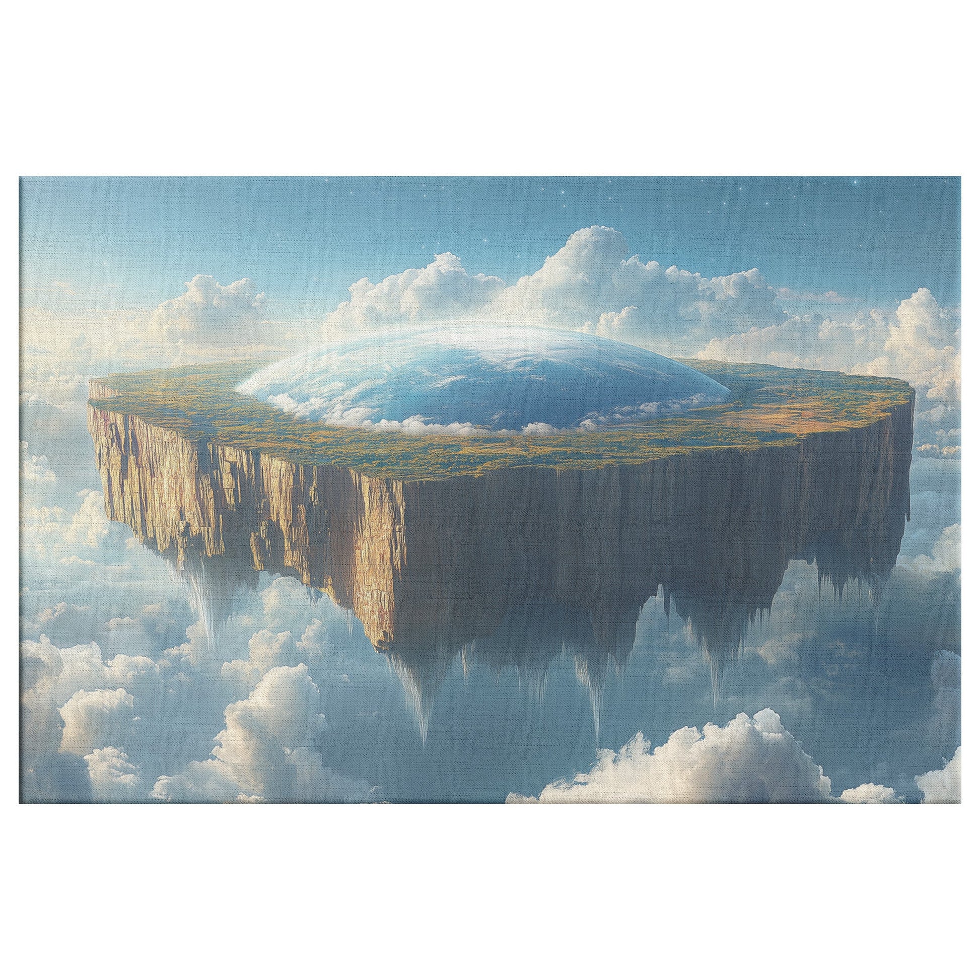 Flat Earth with Firmament on Lush Green Rock Surrounded by Clouds Canvas Wall Art Decor - Awakening Righteousness