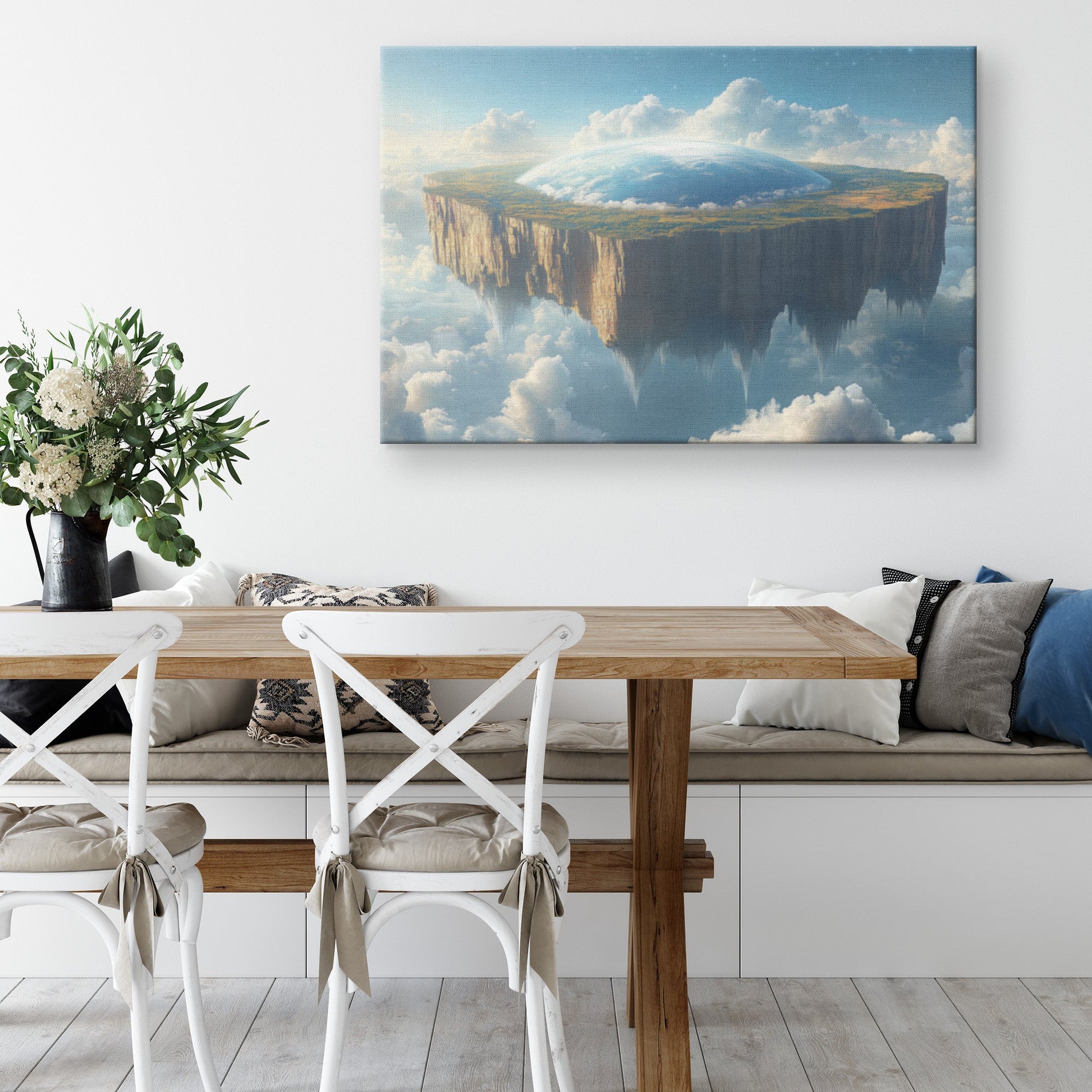 Flat Earth with Firmament on Lush Green Rock Surrounded by Clouds Canvas Wall Art Decor - Awakening Righteousness