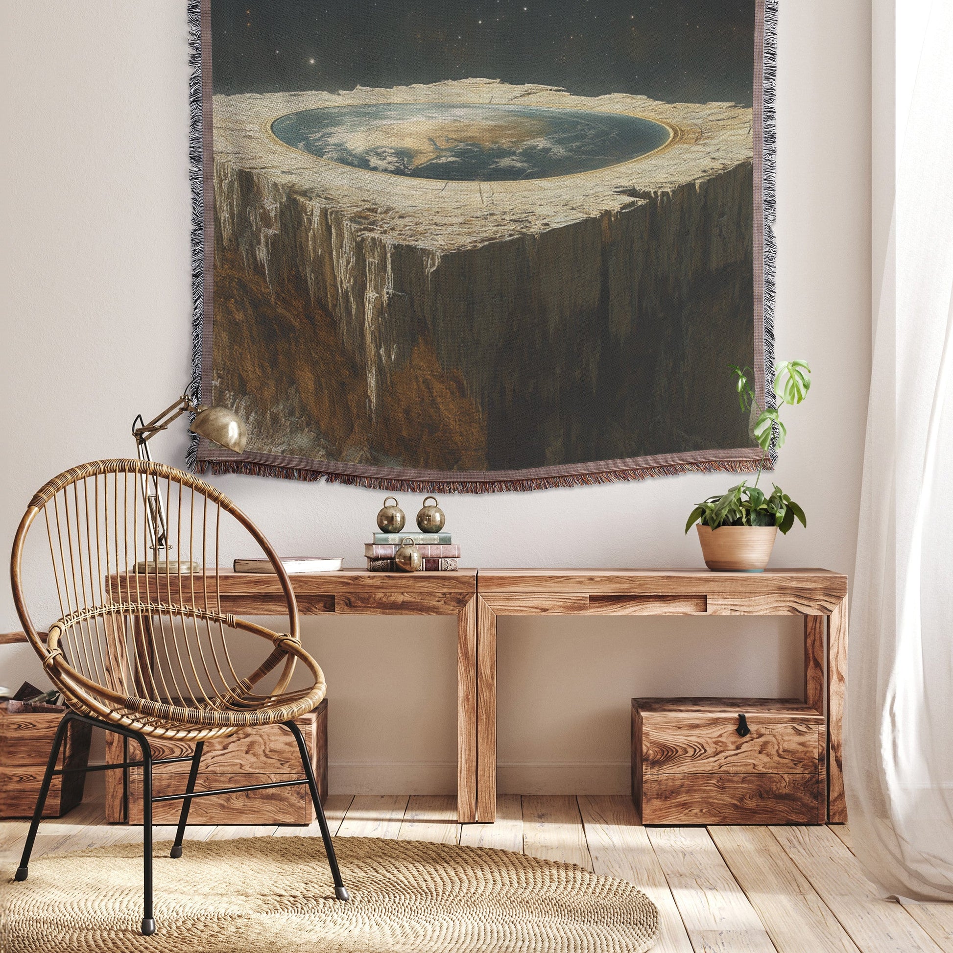 Flat Earth with Firmament on Massive Stone Structure and Starry Cosmos Woven Throw Blanket - Awakening Righteousness