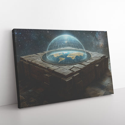 Flat Earth with Firmament on Squared Stone with Hieroglyph Carvings in Starry Cosmos Canvas Wall Art Decor - Awakening Righteousness
