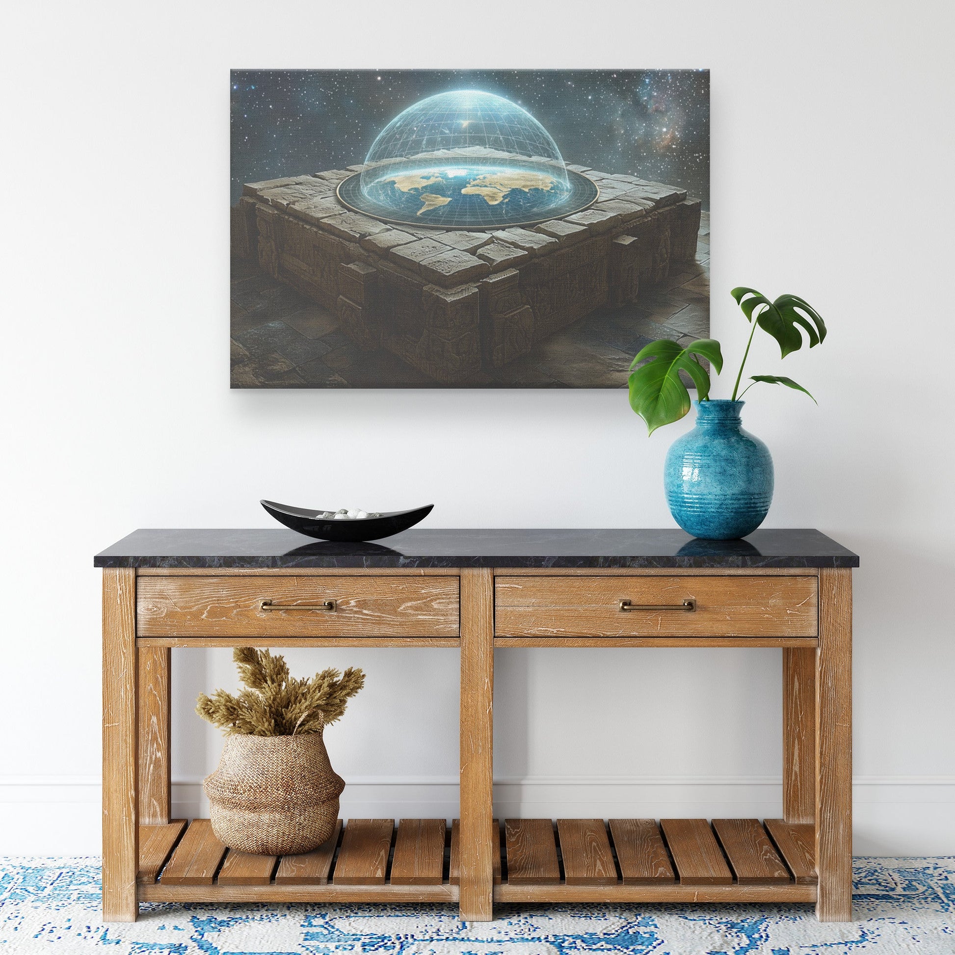Flat Earth with Firmament on Squared Stone with Hieroglyph Carvings in Starry Cosmos Canvas Wall Art Decor - Awakening Righteousness