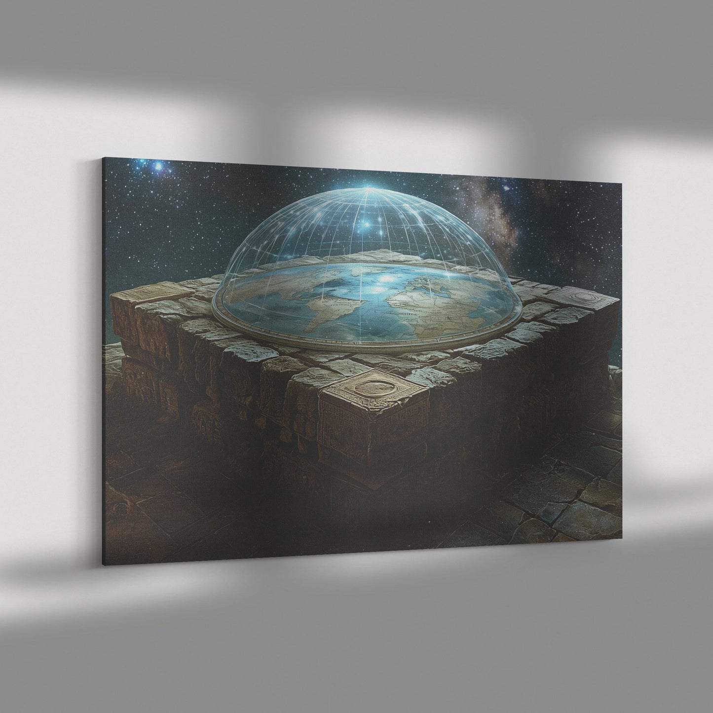 Flat Earth with Firmament on Stone Bricks with Hieroglyph Carvings in Starry Cosmos Canvas Wall Art Decor - Awakening Righteousness