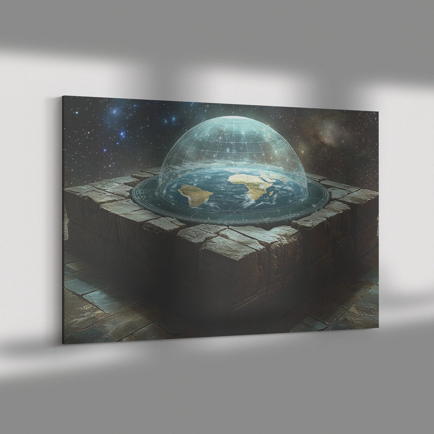 Flat Earth with Firmament on Stone Bricks with Hieroglyph Carvings in Starry Cosmos Canvas Wall Art Decor - Awakening Righteousness