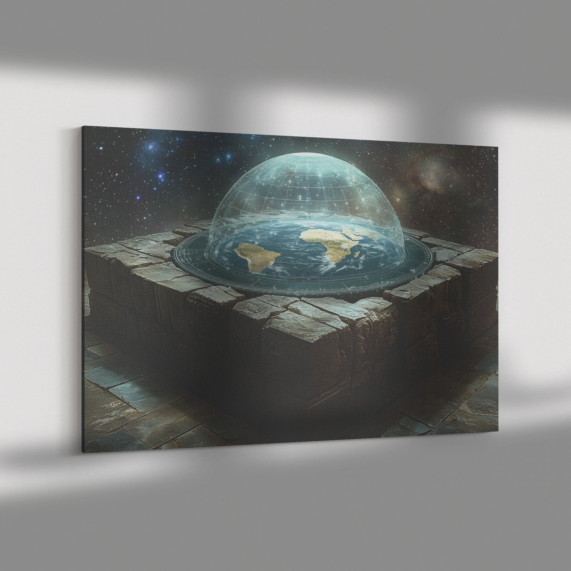 Flat Earth with Firmament on Stone Bricks with Hieroglyph Carvings in Starry Cosmos Canvas Wall Art Decor - Awakening Righteousness