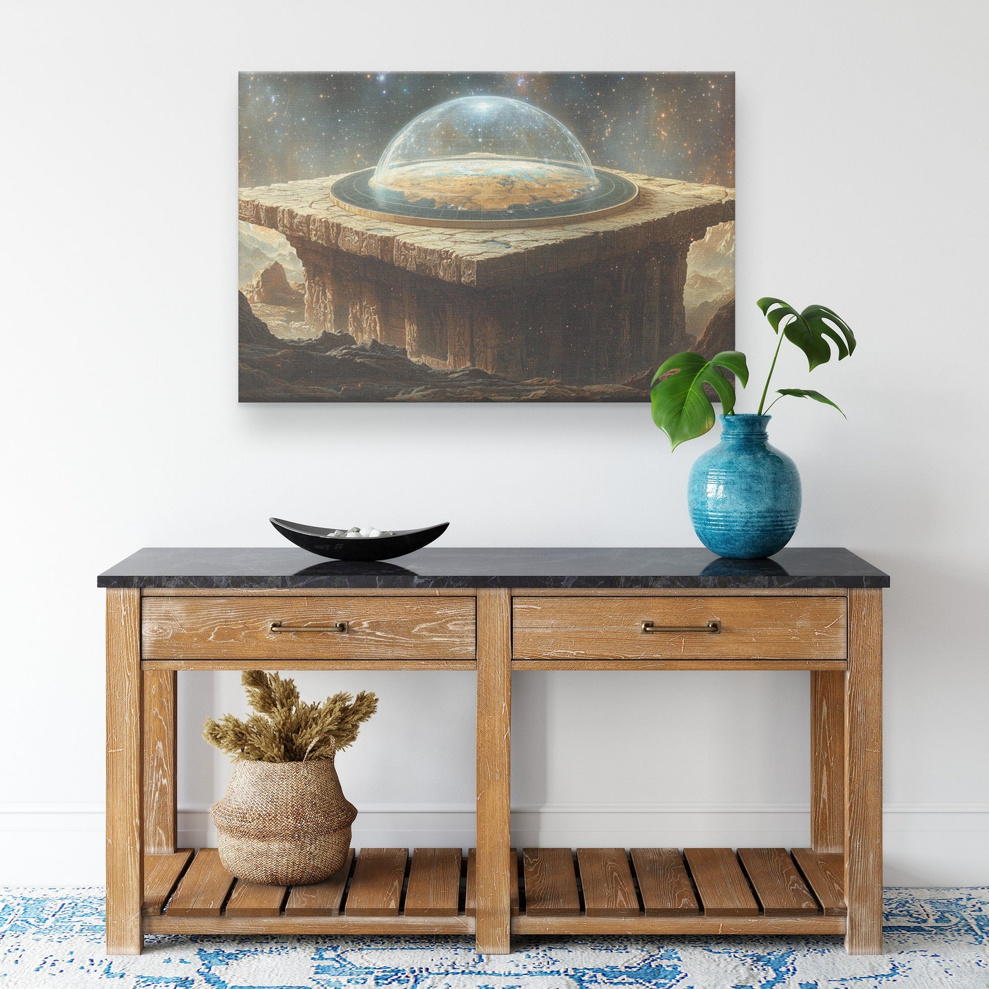 Flat Earth with Firmament Sitting on Stone Table with Hieroglyph Carvings and Starry Cosmos Canvas Wall Art Decor - Awakening Righteousness