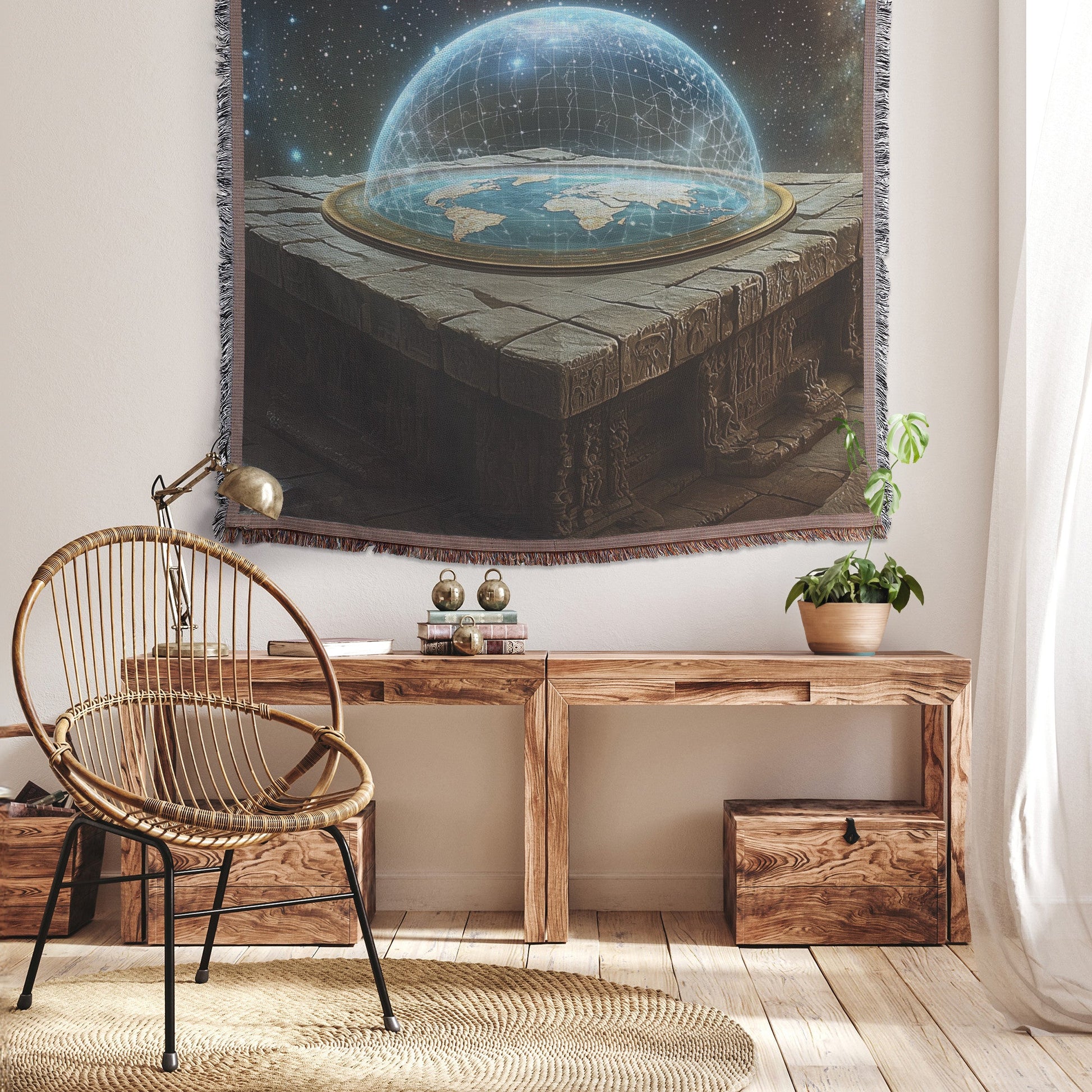 Flat Earth with Radiant Firmament and Ancient Carved Stone Table Woven Throw Blanket - Awakening Righteousness