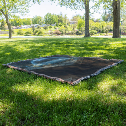 Flat Earth with Radiant Firmament and Ancient Carved Stone Table Woven Throw Blanket - Awakening Righteousness
