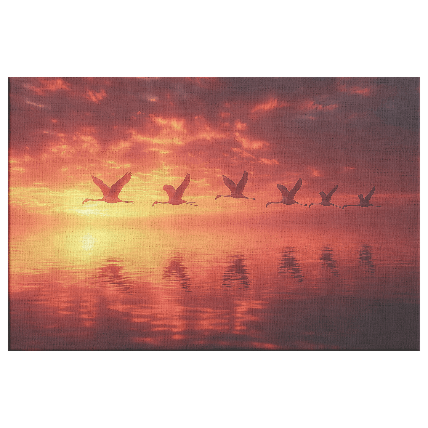 Flock Of Flamingos Flying Over Glowing Sunset Lake With Golden And Pink Reflections Canvas Wall Art Decor - Awakening Righteousness