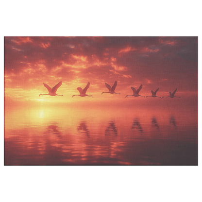 Flock Of Flamingos Flying Over Glowing Sunset Lake With Golden And Pink Reflections Canvas Wall Art Decor - Awakening Righteousness
