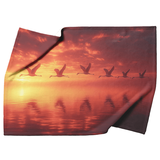 Flock of Flamingos Flying Over Glowing Sunset Lake With Silhouettes Reflecting Golden and Pink Light Fleece Sherpa Blanket - Awakening Righteousness