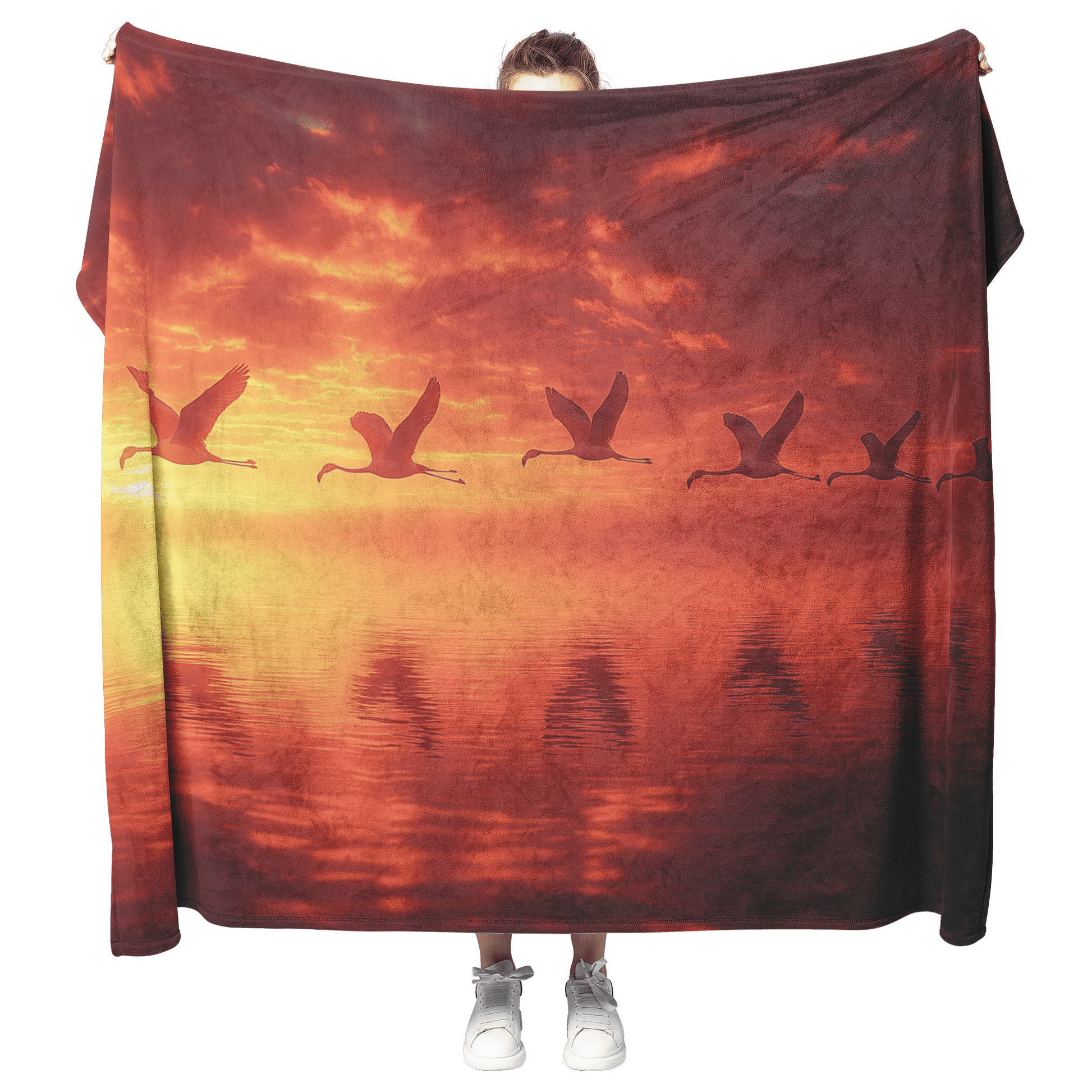 Flock of Flamingos Flying Over Glowing Sunset Lake With Silhouettes Reflecting Golden and Pink Light Fleece Sherpa Blanket - Awakening Righteousness