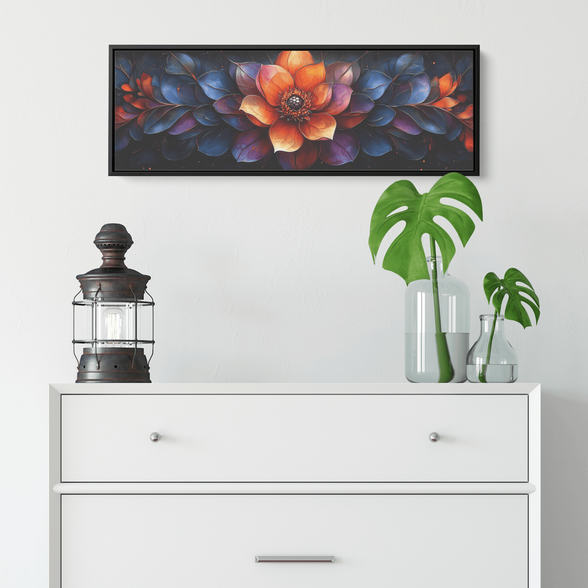 Floral Mandalas Geometric Symmetry Stained Glass Panoramic Framed Canvas Wall Art for Home and Office Decor - Awakening Righteousness
