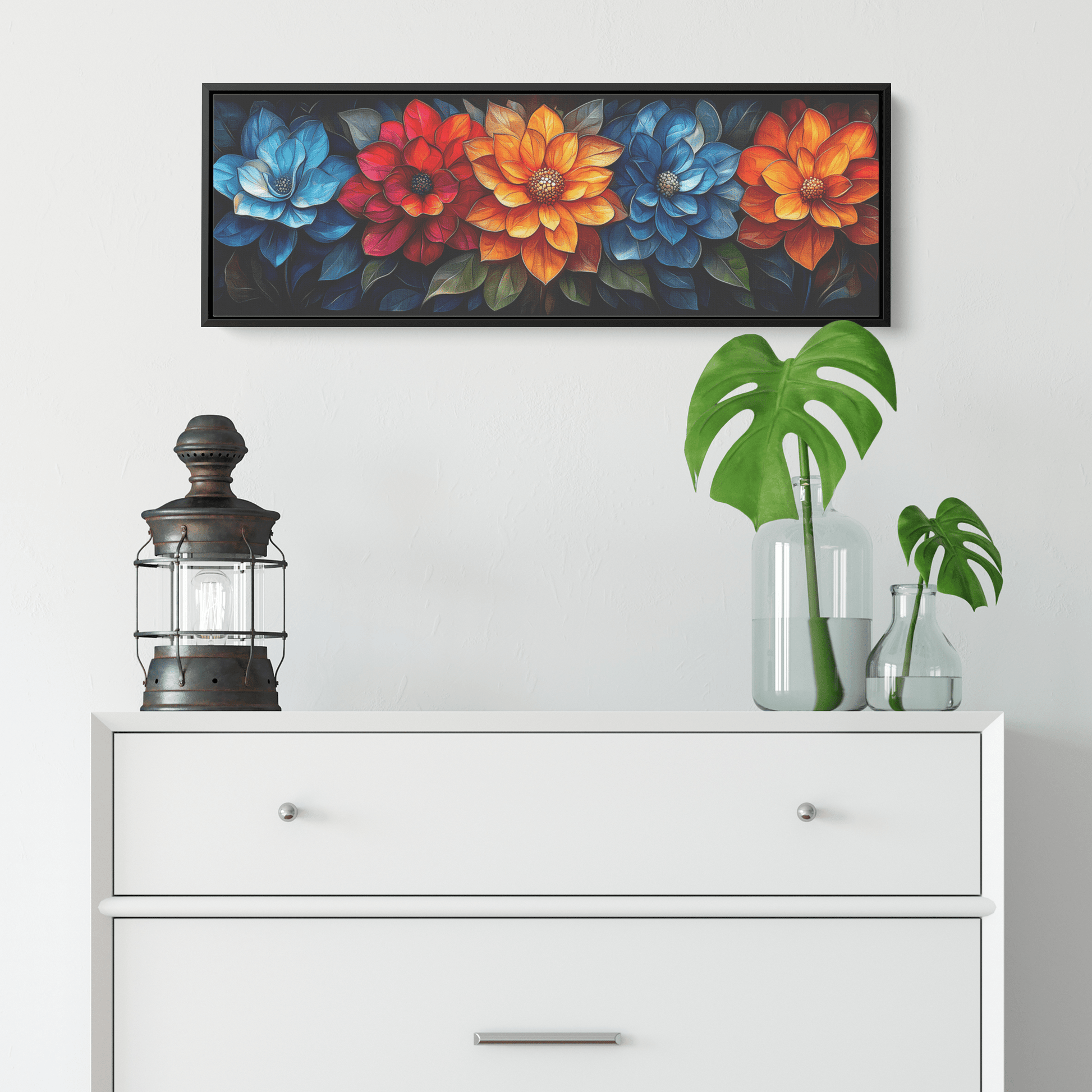 Floral Mandalas Geometric Symmetry Stained Glass Panoramic Framed Canvas Wall Art for Home and Office Decor - Awakening Righteousness