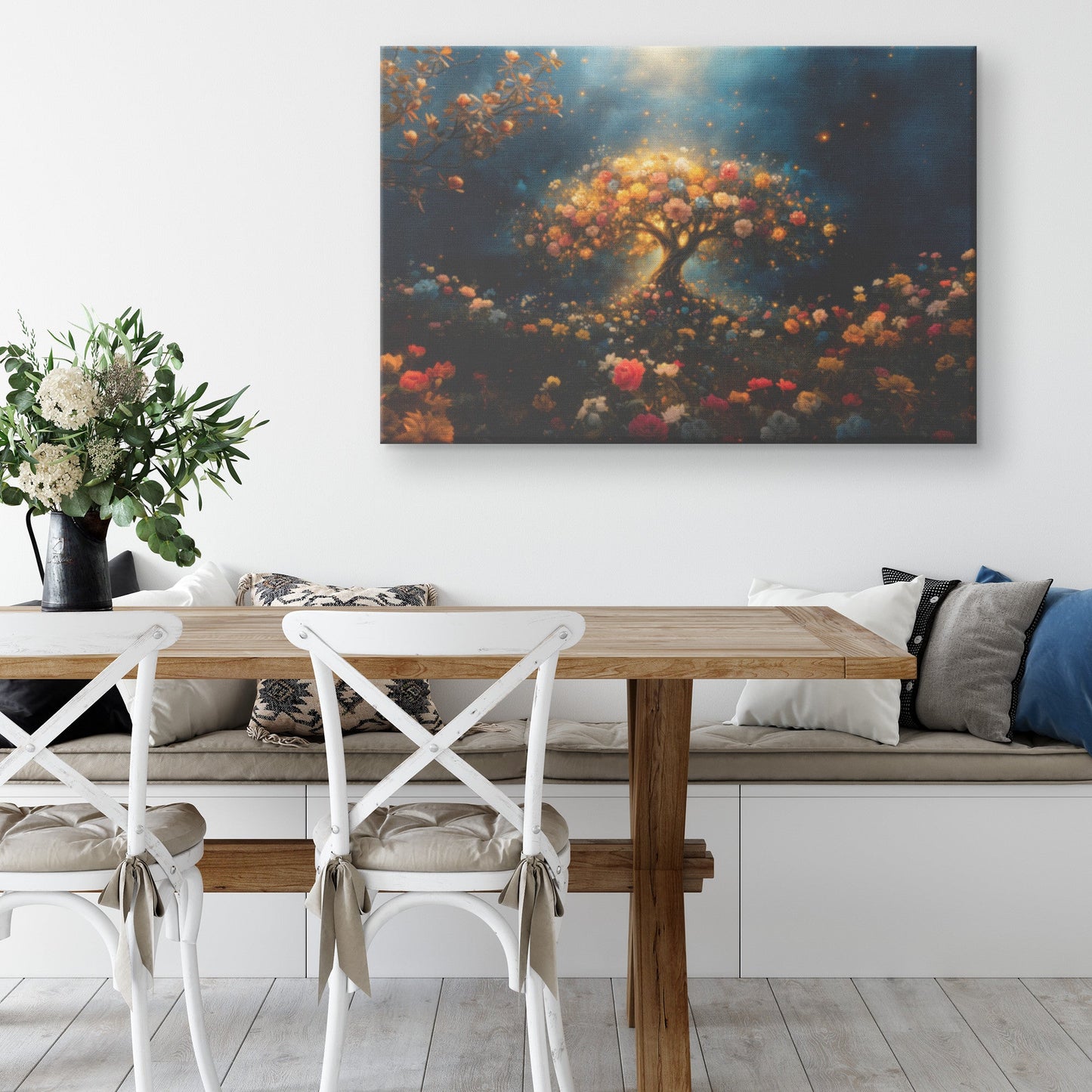 Floral Tree of Life Canvas Wall Art Vibrant Blooming Roses in Mystical Night Landscape for Christian Home Decor - Awakening Righteousness