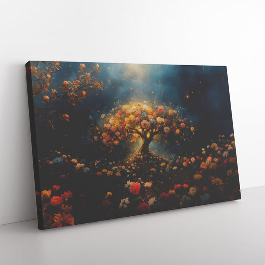 Floral Tree of Life Canvas Wall Art Vibrant Blooming Roses in Mystical Night Landscape for Christian Home Decor - Awakening Righteousness