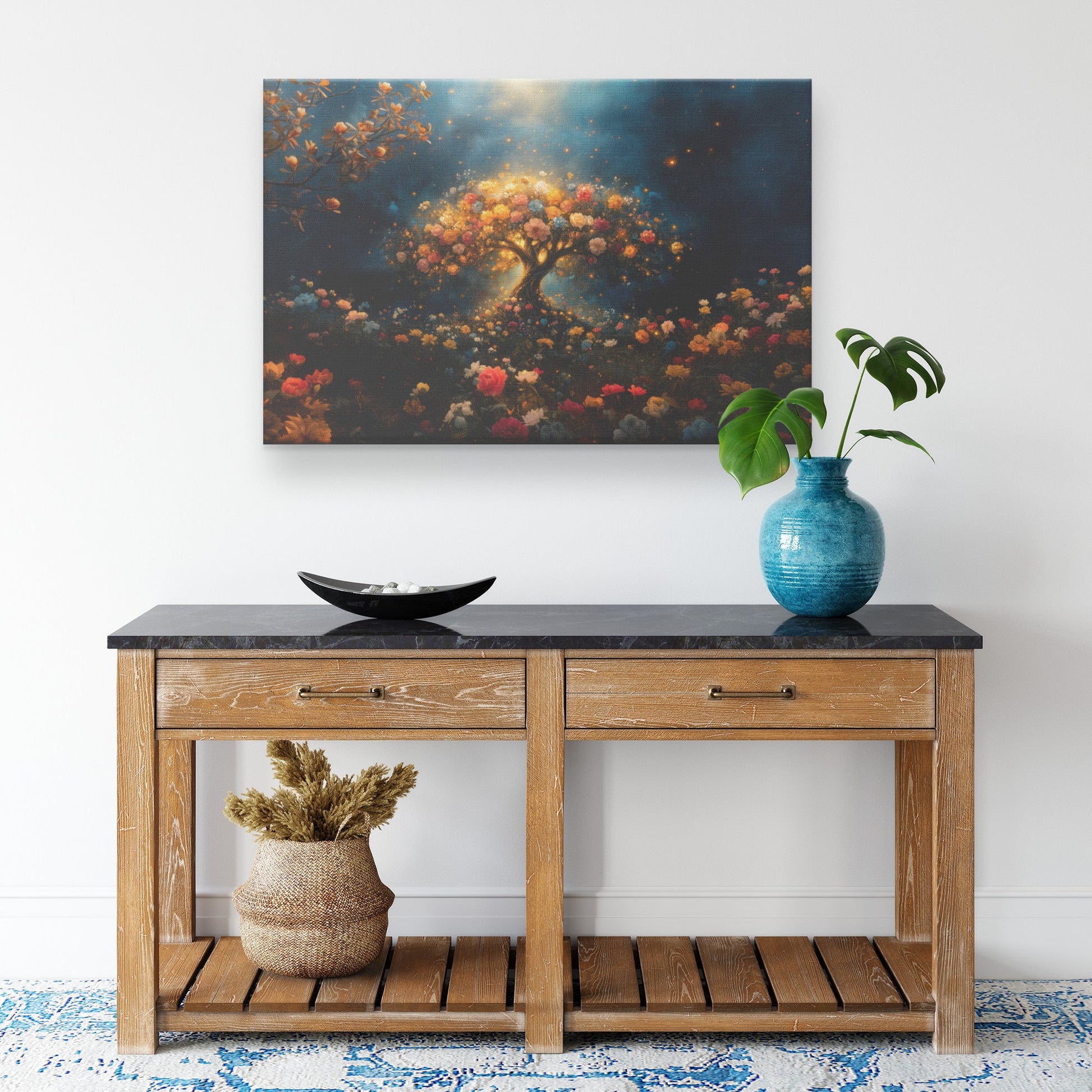 Floral Tree of Life Canvas Wall Art Vibrant Blooming Roses in Mystical Night Landscape for Christian Home Decor - Awakening Righteousness