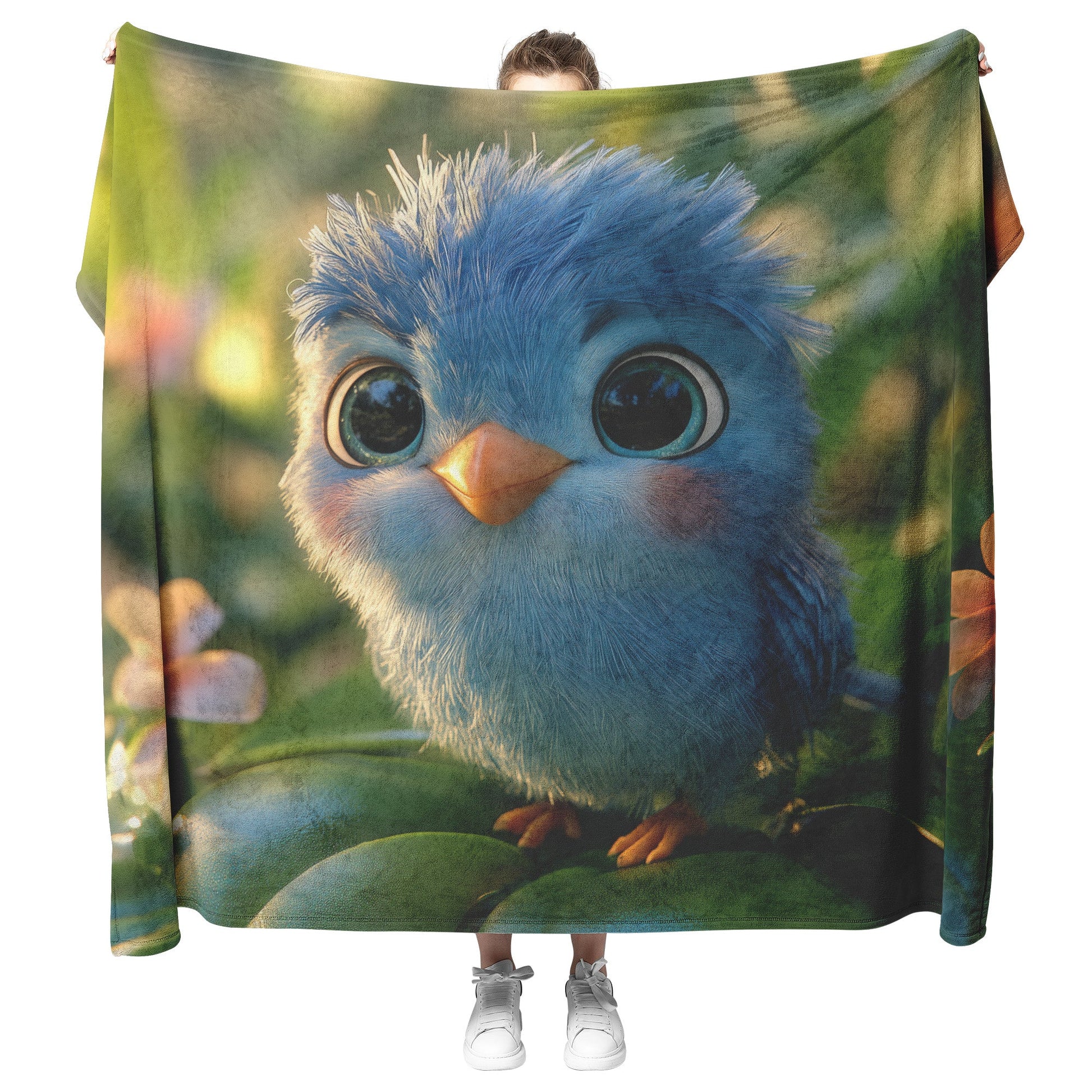 Fluffy Blue Bird on Tropical Flowers Cozy Fleece Sherpa Blanket - Awakening Righteousness