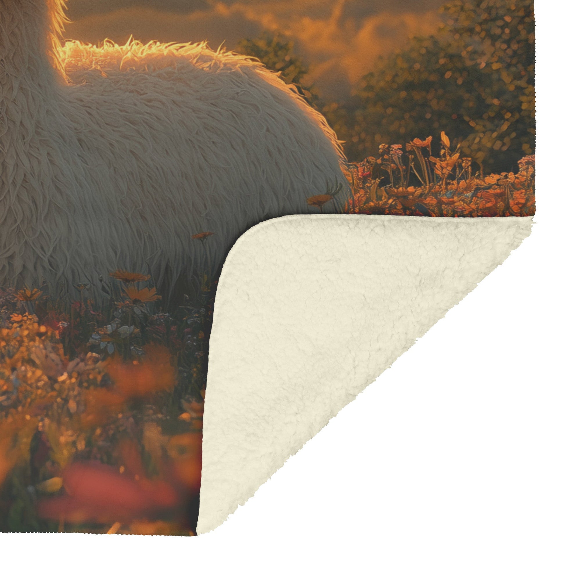 Fluffy Llama in Glowing Green Meadow Vibrant Wildflowers Under Golden Sunrise Soft Light Sherpa Fleece Blanket - Awakening Righteousness