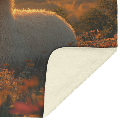 Fluffy Llama in Glowing Green Meadow Vibrant Wildflowers Under Golden Sunrise Soft Light Sherpa Fleece Blanket - Awakening Righteousness