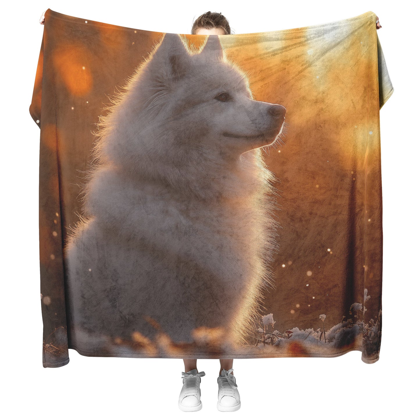 Fluffy Samoyed Sitting in Snowy Forest Under Golden Sunlight with Intricate Snow and Luminous Highlights Blanket - Awakening Righteousness
