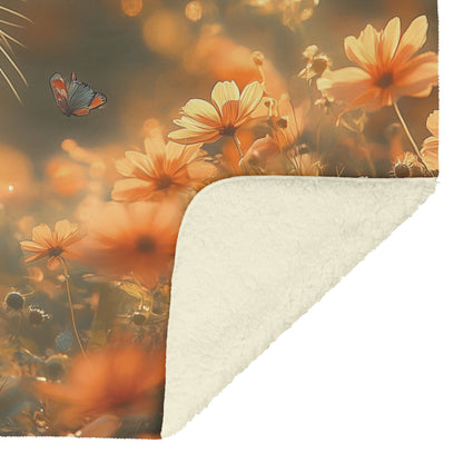 Fluffy White Cat in Blooming Garden with Glowing Flowers and Soft Golden Sunlight Fleece Sherpa Blanket - Awakening Righteousness