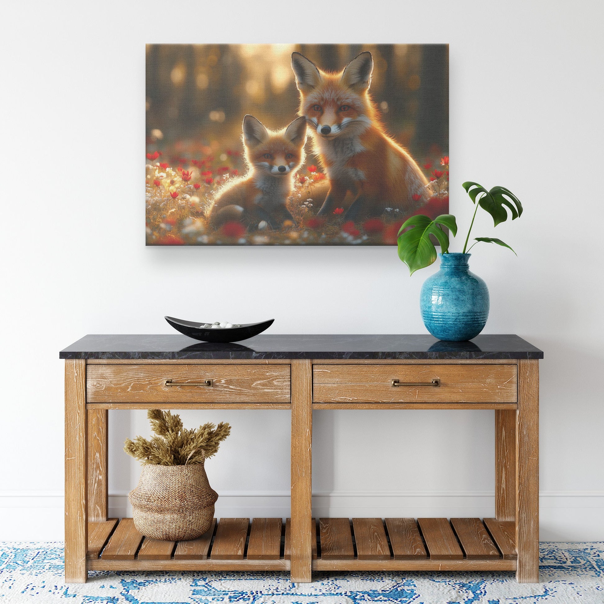 Fox Pair Playing in Blooming Flower Meadow Glowing Sunlight Joyful Peaceful Canvas Wall Art Decor for Home or Office Use - Awakening Righteousness