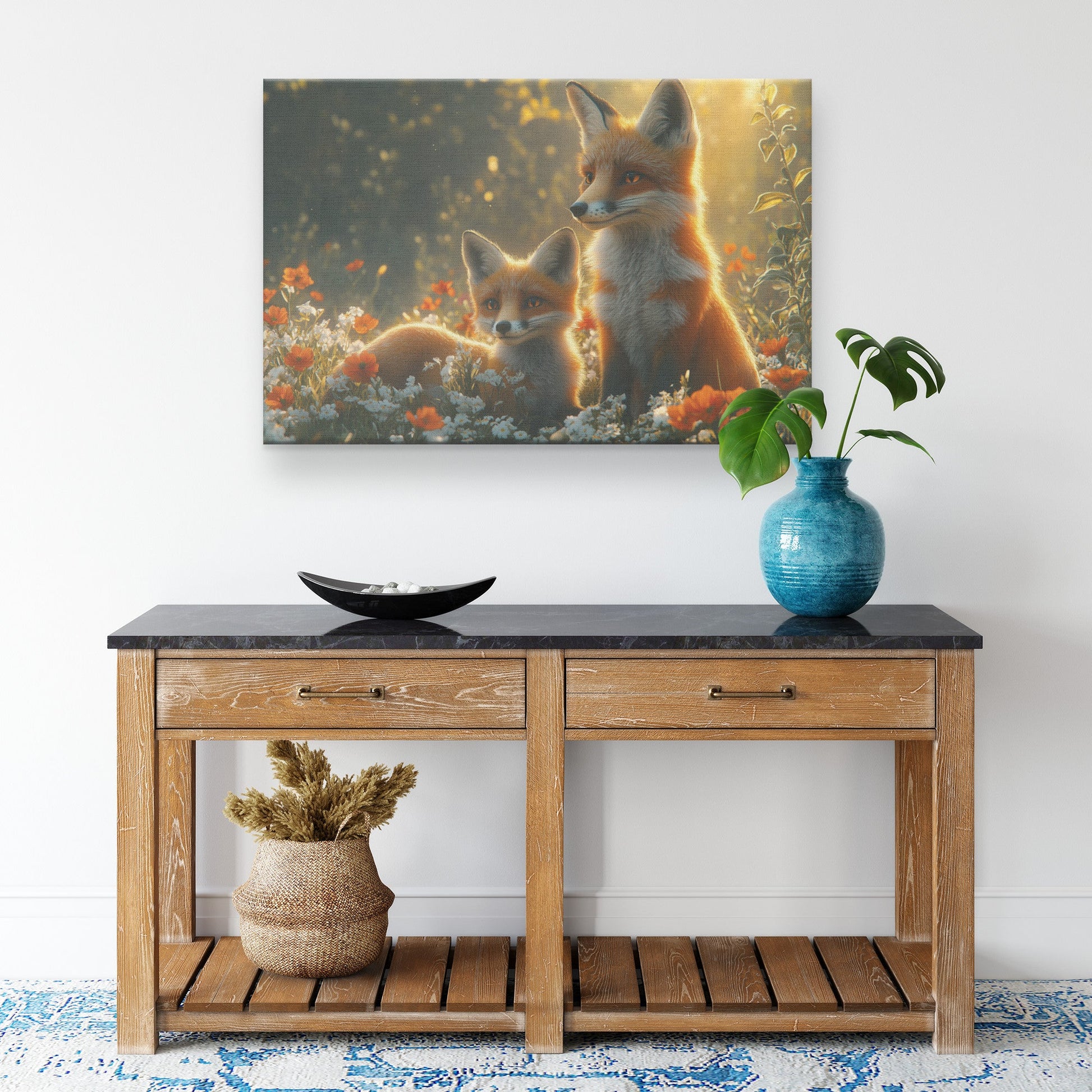 Fox Pair Playing in Blooming Flower Meadow Glowing Sunlight Joyful Peaceful Canvas Wall Art Decor for Home or Office Use - Awakening Righteousness