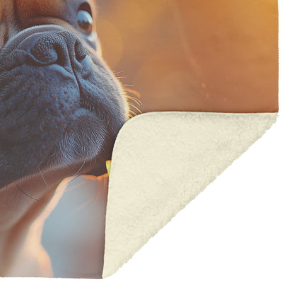 French Bulldog Sitting in Cozy Sunlit Room with Playful Expression and Soft Sunlight Fleece Sherpa Blanket - Awakening Righteousness