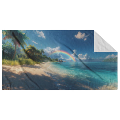 Full Arch Rainbow Glowing Over Tropical Beach Turquoise Water Sparkling White Sand Lush Palms Radiant Sunlight - Awakening Righteousness