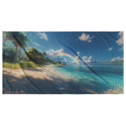 Full Arch Rainbow Glowing Over Tropical Beach Turquoise Water Sparkling White Sand Lush Palms Radiant Sunlight - Awakening Righteousness