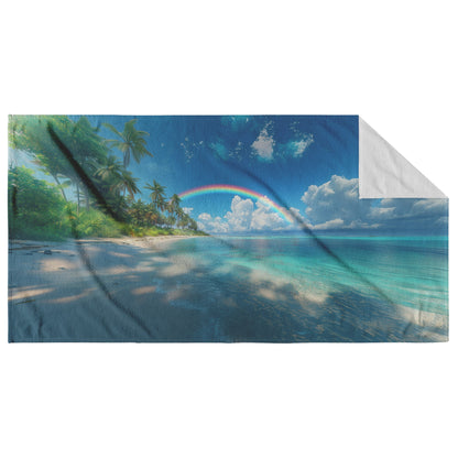 Full Arch Rainbow Glowing Over Tropical Beach Turquoise Water Sparkling White Sand Lush Palms Radiant Sunlight - Awakening Righteousness