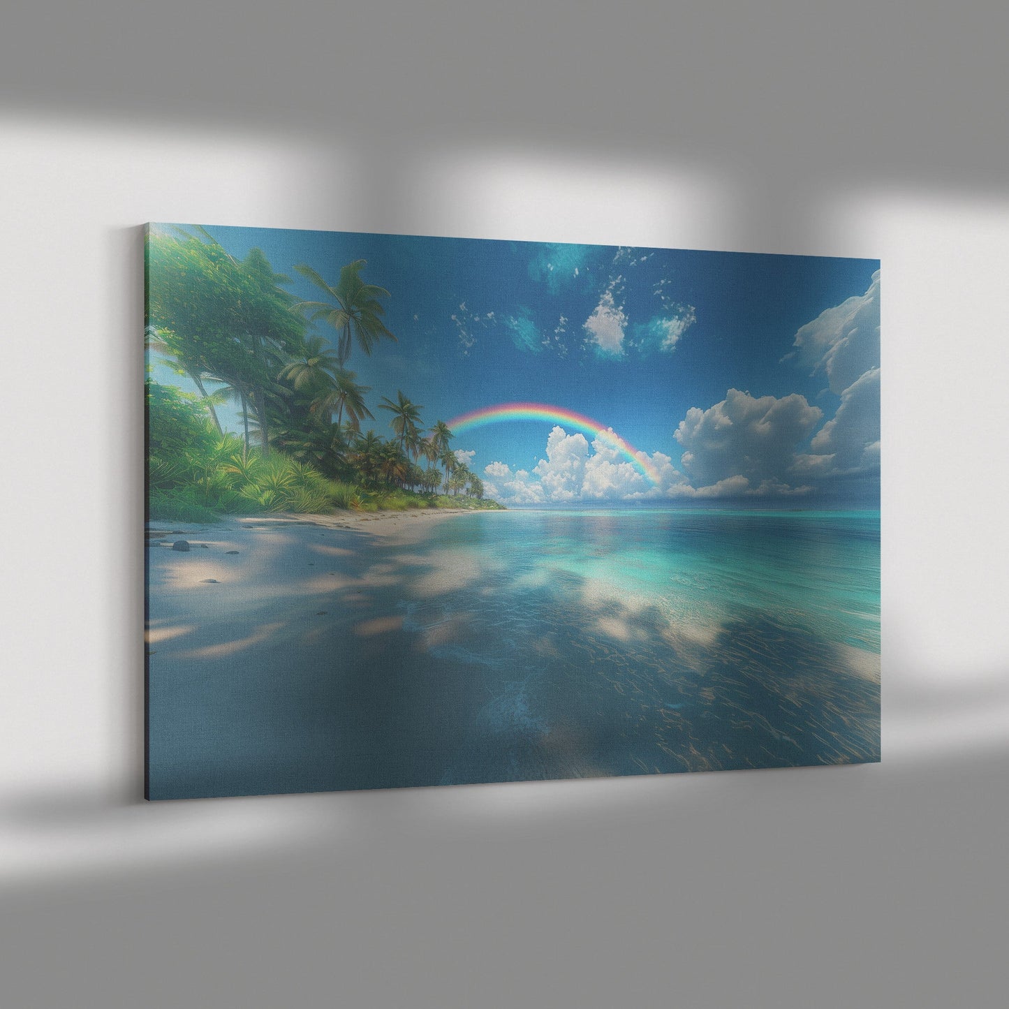 Full Arch Rainbow Over Tropical Beach Turquoise Water White Sand Lush Palms Radiant Sunlight Canvas Wall Art - Awakening Righteousness