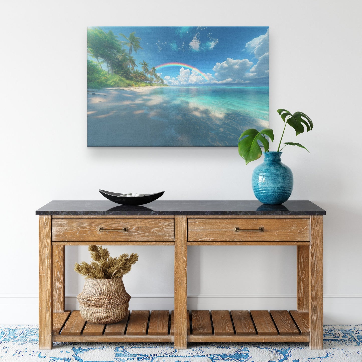 Full Arch Rainbow Over Tropical Beach Turquoise Water White Sand Lush Palms Radiant Sunlight Canvas Wall Art - Awakening Righteousness