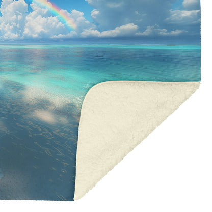 Full Arch Rainbow Over Tropical Beach Turquoise Water White Sand Palm Trees Radiant Sunlight Fleece Sherpa Blanket - Awakening Righteousness