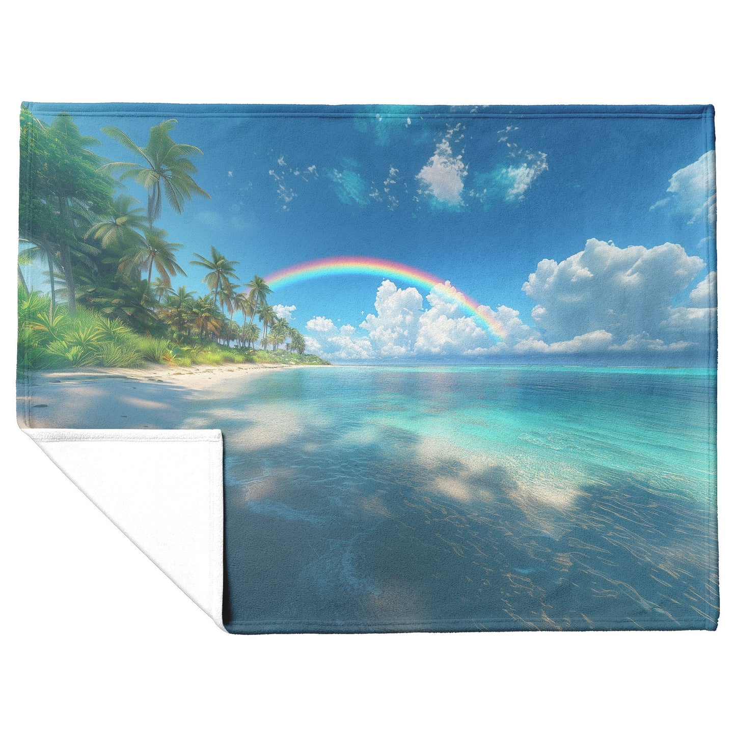 Full Arch Rainbow Over Tropical Beach Turquoise Water White Sand Palm Trees Radiant Sunlight Fleece Sherpa Blanket - Awakening Righteousness