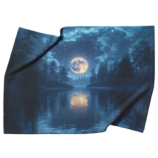 Full Moon Glowing Over Mystical Forest Stars Shining in Clear Sky Trees Glistening with Dew Calm Lake Reflections Blanket - Awakening Righteousness