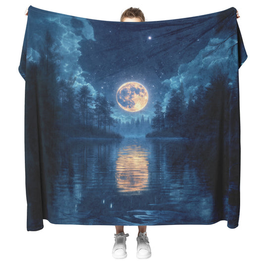 Full Moon Glowing Over Mystical Forest Stars Shining in Clear Sky Trees Glistening with Dew Calm Lake Reflections Blanket - Awakening Righteousness