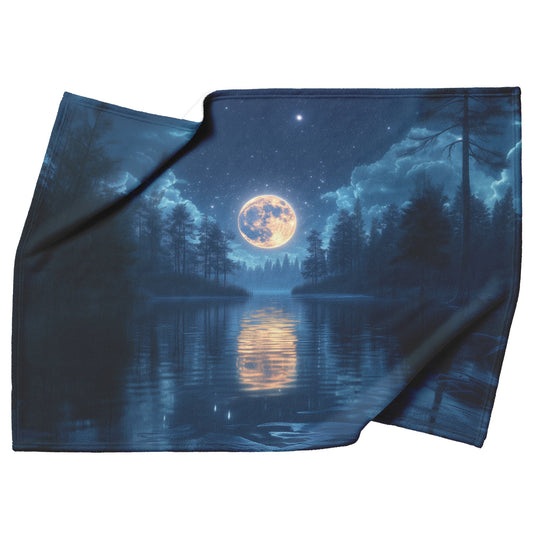 Full Moon Glowing Over Mystical Forest Stars Shining in Clear Sky Trees Glistening with Dew Calm Lake Reflections Blanket - Awakening Righteousness