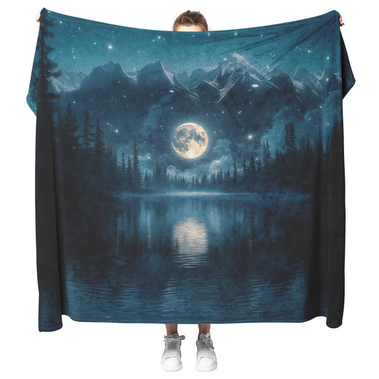 Full Moon Glowing Over Mystical Forest Stars Shining in Clear Sky Trees Glistening with Dew Calm Lake Reflections Blanket - Awakening Righteousness